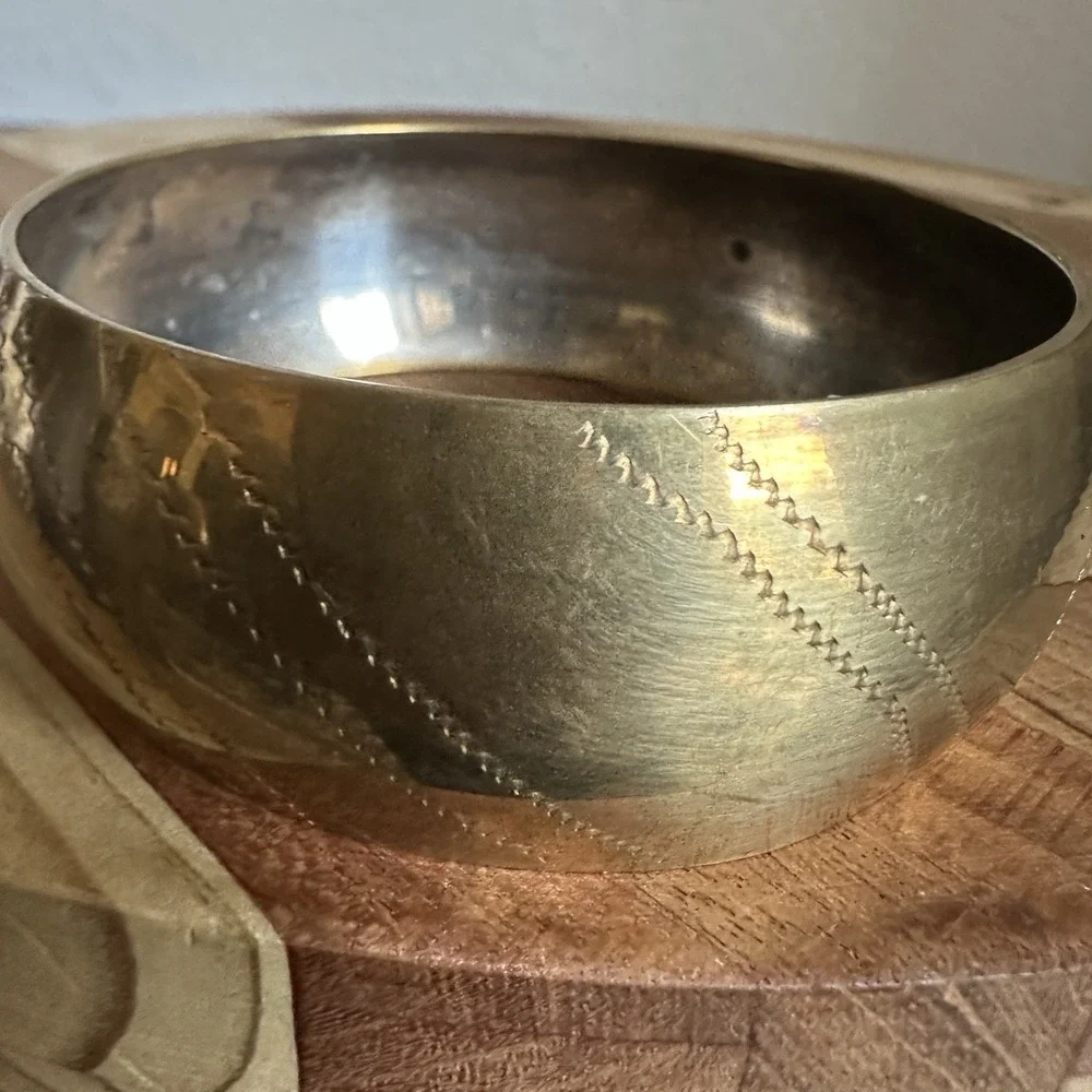 Vintage Brass Bangle Bracelet Size 8.5 Chunky Wide Etched Hammered Boho Gold